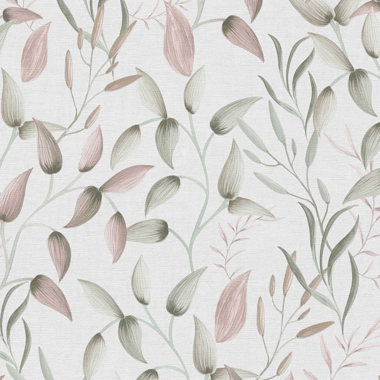 Florale Tapete Blätter Aquarell - Vliestapete in Rosa Grün Beige - Pflanzen-Tapete 