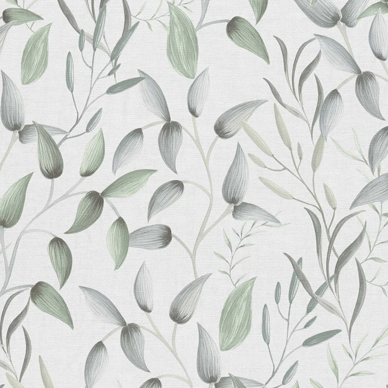 Blommig tapet blad akvarell - Icke-vävd tapet i grönt grått vitt - växttapet 