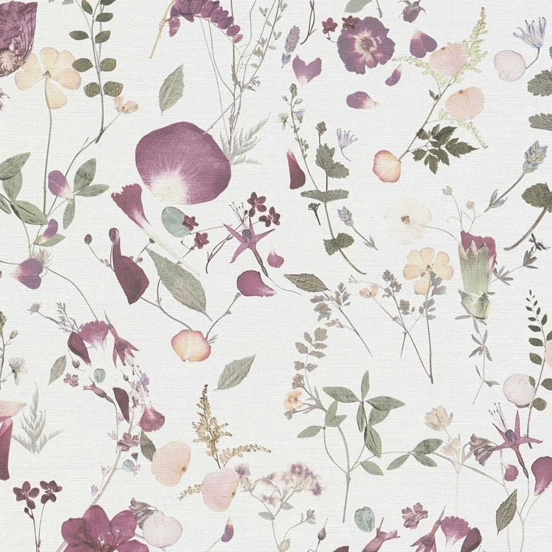 Florale Tapete Blumen Aquarell - Vliestapete in Lila Grün Beige - Romantische Blumentapete 