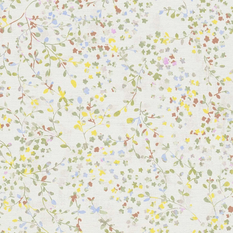 Florale Tapete Blumenranken Aquarell - Vliestapete in Gelb Grün Blau - Romantische Mustertapete 