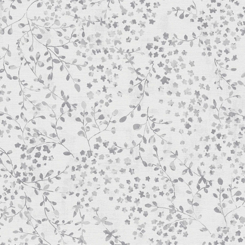 Blommig tapet blad rankor akvarell - Icke-vävd tapet i gråvitt - elegant mönster tapet 