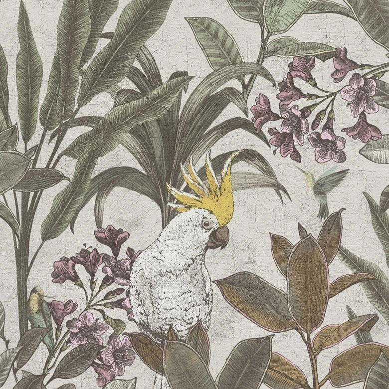 Dschungel-Tapete mit Kakadu - Vliestapete Beige Grün Lila - Exotische Mustertapete 