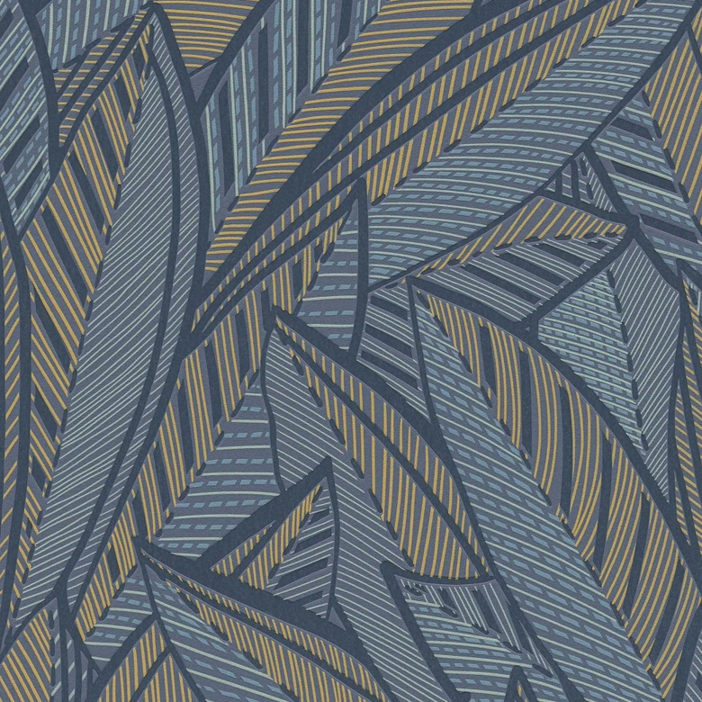 Papier peint jungle avec motif de feuilles bleu or - Papier peint intissé exotique moderne & expressif 