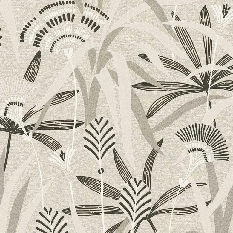 Beige och svart växt tapet - Icke-vävd tapet med ett exotiskt bladmönster 