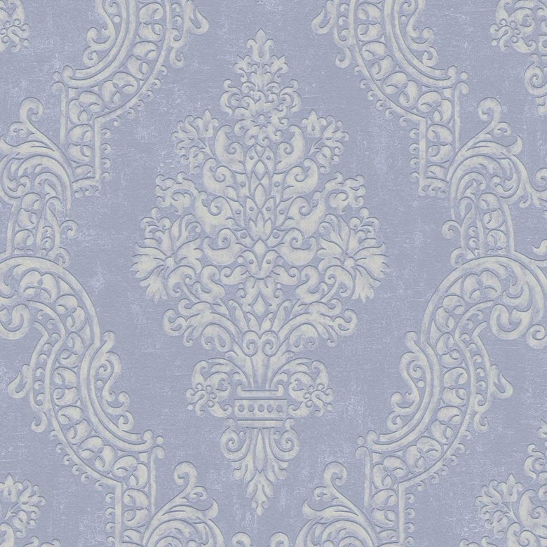 Barock-Tapete Ornament Hellblau Silber – Vliestapete mit Struktur  