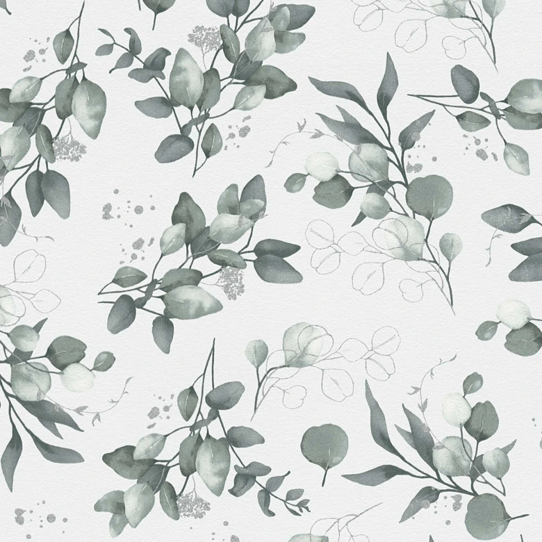 Florale Aquarell-Tapete Grün Grau – Vliestapete mit Blättern – Botanisches Muster 