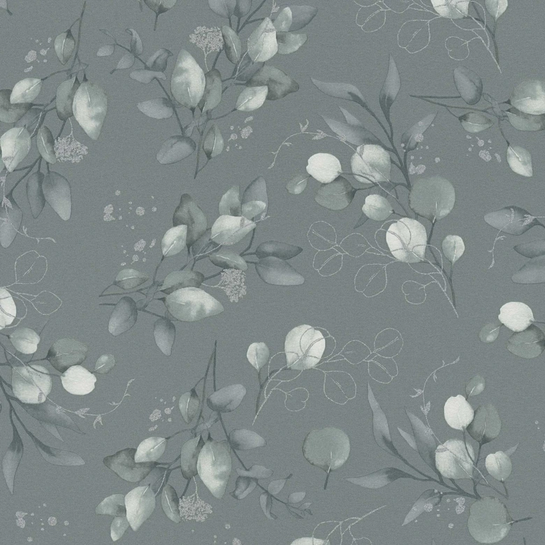Florale Aquarell-Tapete Dunkelgrün Grau – Vliestapete mit Blättern – Naturmuster 