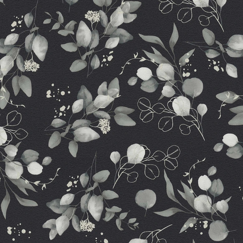 Florale Aquarell-Tapete Schwarz Grau – Vliestapete mit Blättern – Elegantes Naturmotiv 
