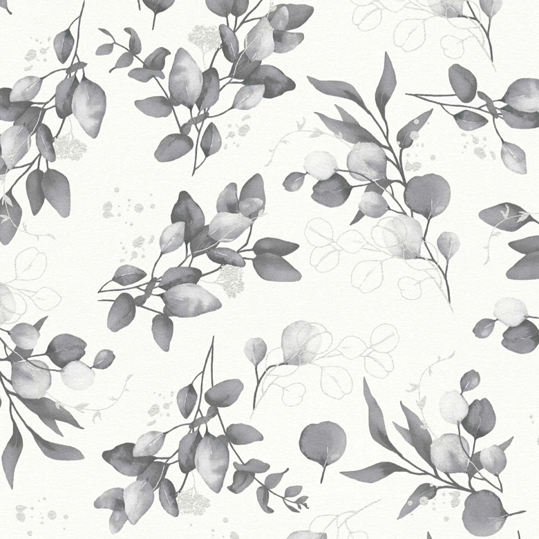 Bloemen aquarel behang wit grijs - Vliesbehang met bladeren - licht patroon behang modern 