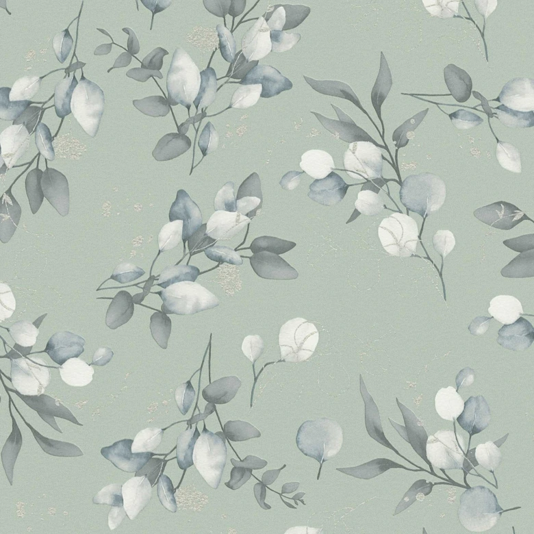 Florale Aquarell-Tapete Grün Blau – Vliestapete mit Blättern – Mustertapete dezent 