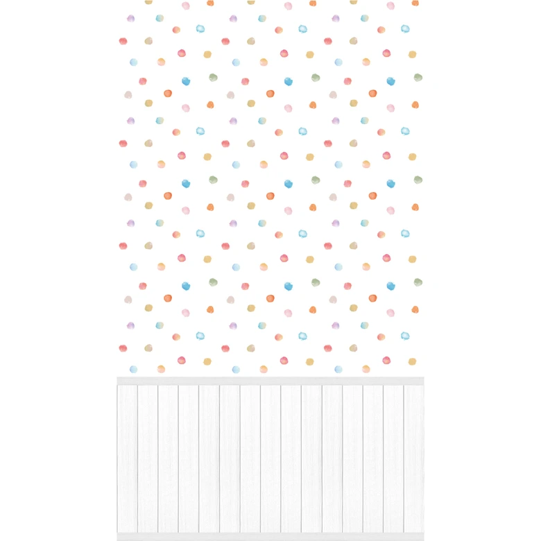 Fototapete Bunte Punkte Aquarell mit Holzpaneel Weiß – Vliestapete verspielt & erweiterbar 