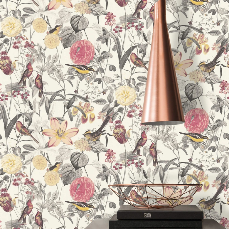 A.S. Création Exotic Life Papier peint floral, Rouge, Jaune, Gris 