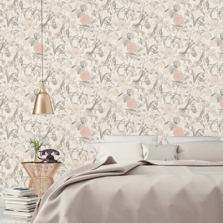 A.S. Création Exotic Life Papier peint floral, Gris, Rosa, Orange 
