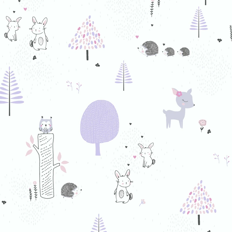 A.S. Création Kinderzimmertapete Little Love Vliestapete mit niedlichen Wald Tieren lila, weiß, grau, schwarz 