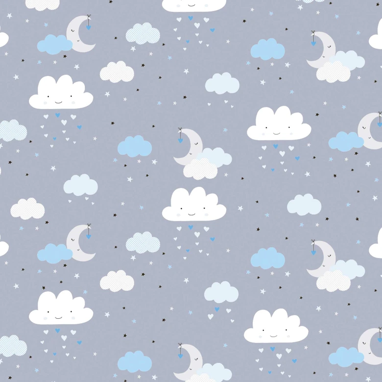 Magical night sky: nursery wallpaper with clouds and stars in blue and grey 