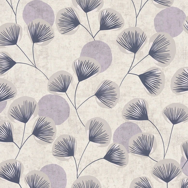 Papier peint intissé imitation béton - dessin de feuilles discret en gris & ton naturel 
