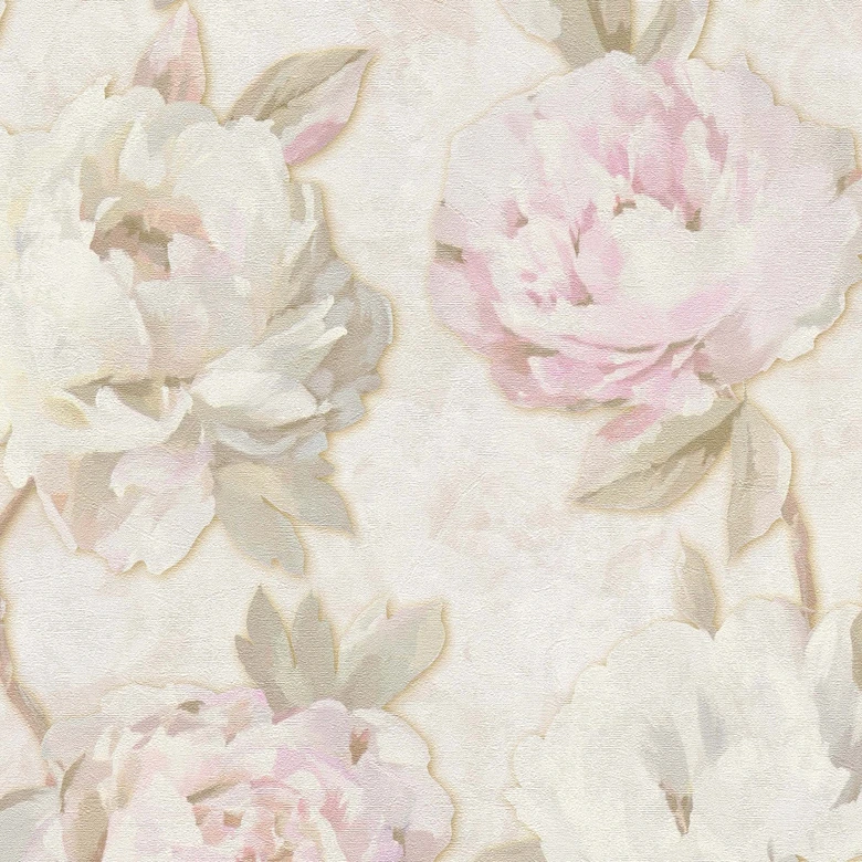 Papier peint floral pivoines rose beige - papier peint intissé style aquarelle - vintage 