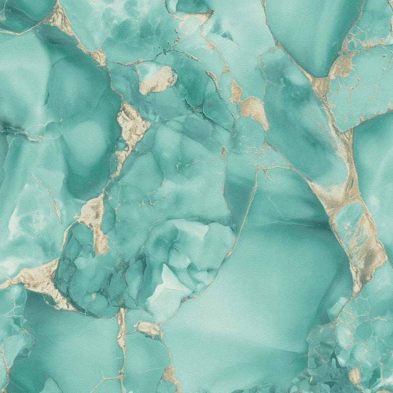 Papier peint marbre vert jade or brillant - Papier peint intissé imitation pierre moderne 