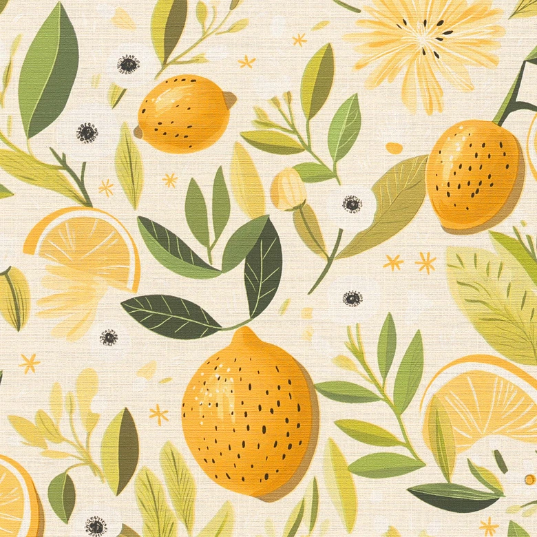 Papier peint citron Beige Jaune Vert - Papier peint intissé motif fruits méditerranéen 