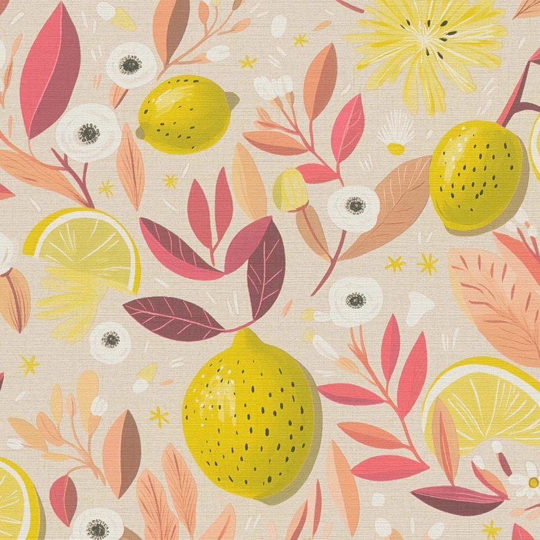 Papier peint citron rose jaune orange - Papier peint intissé moderne - fruits & feuilles 