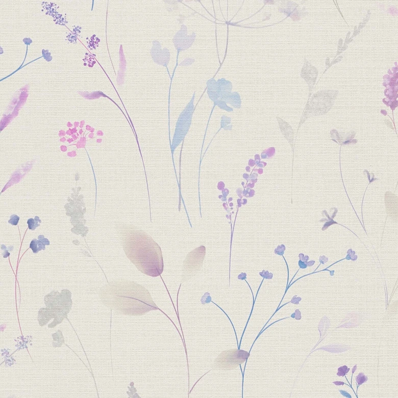 Ängsblomma tapet lila blå vit - Icke-vävd tapet blommig i akvarellutseende 