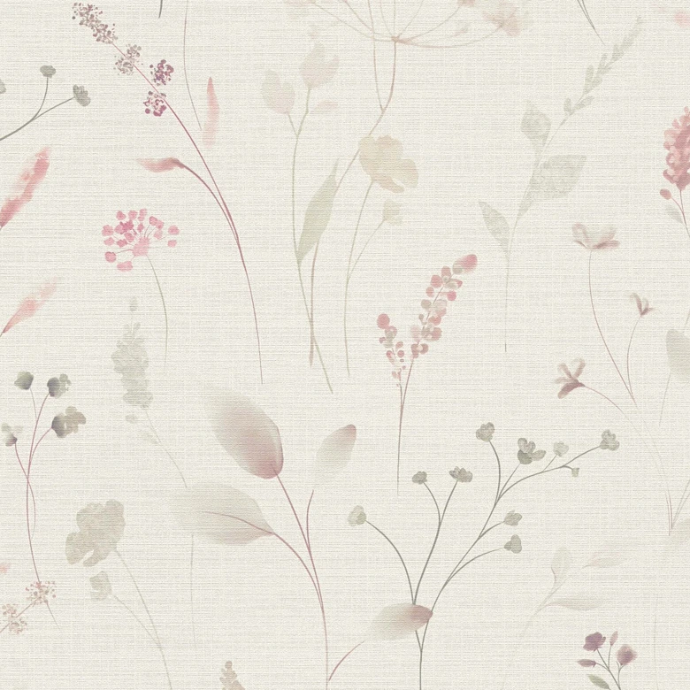 Papier peint fleurs des champs rose beige blanc - papier peint intissé avec motif floral aquarelle 