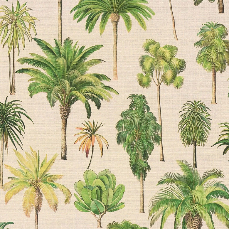 Papier peint palmier Beige Vert - Papier peint intissé illustré de plantes tropicales 
