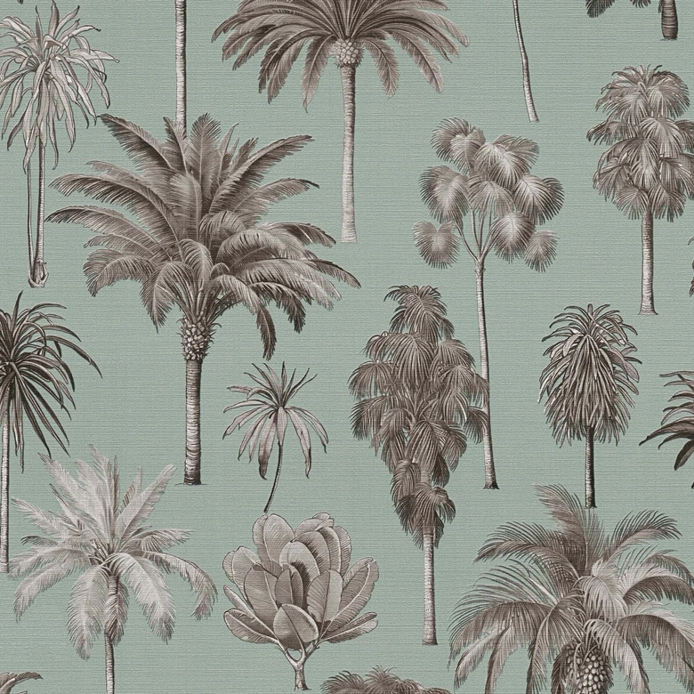 Palmen-Tapete Mintgrün Braun - Vliestapete tropisch illustriert Retro-Stil 