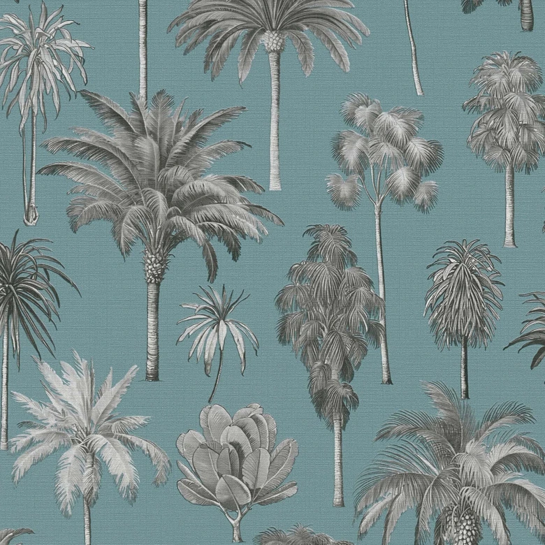 Papier peint palmier pétrole noir et blanc - Papier peint intissé tropical vintage illustré 