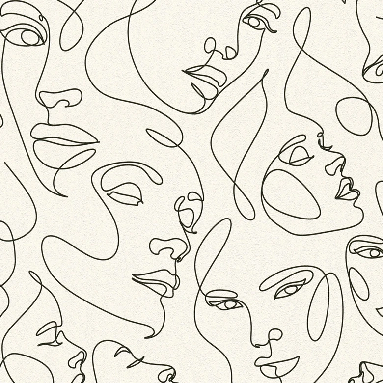 Papier peint à visages Line-Art crème noir - Papier peint intissé moderne art abstrait 