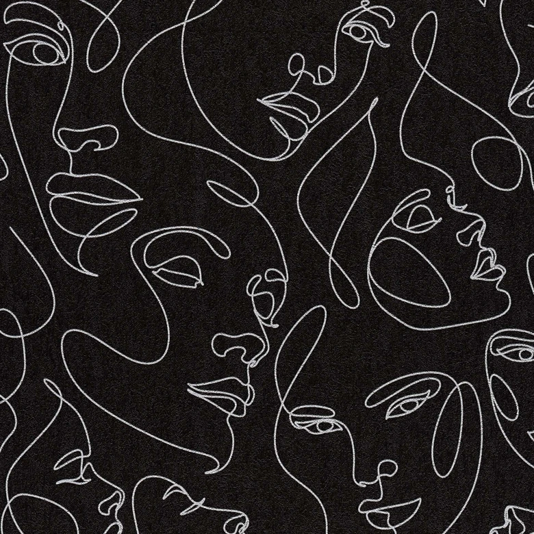 Papier peint visages noir blanc - Papier peint intissé Line-Art moderne art graphique 