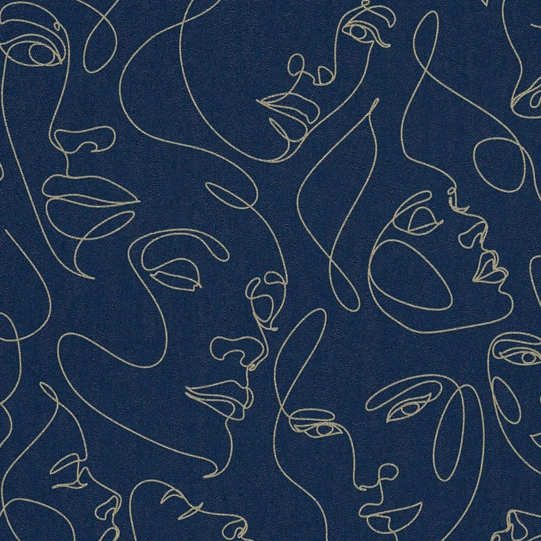 Papier peint visage bleu foncé or - Papier peint intissé Line-Art moderne élégant art 