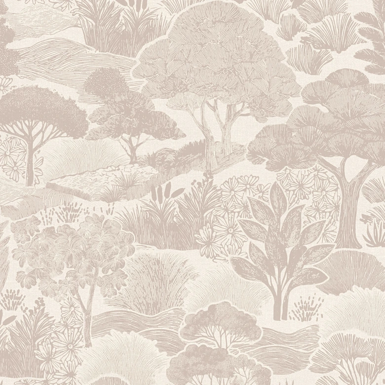 Papier peint paysage crème taupe - Papier peint intissé illustré avec motif naturel 