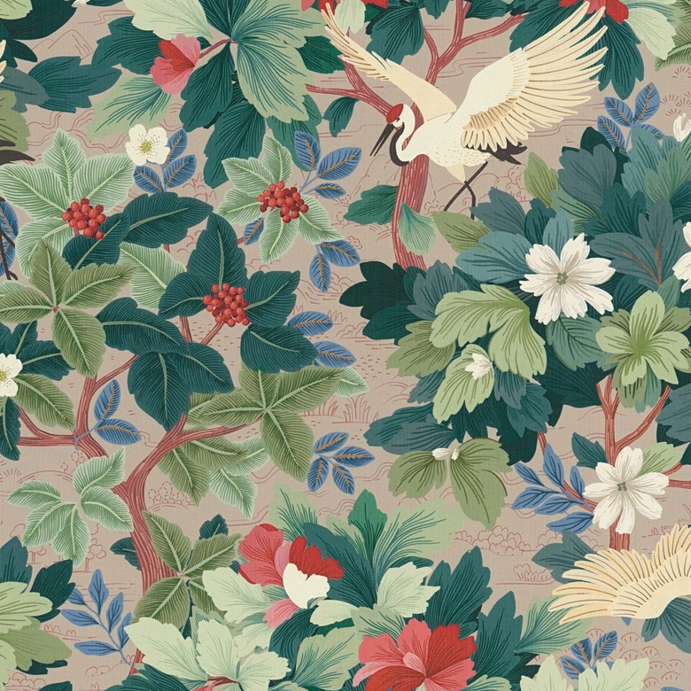 Exotisch behang kraanvogels beige groen rood - Vliesbehang met bladeren & bloesems 