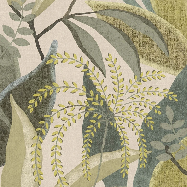 Papier peint intissé avec motif de feuilles dans les tons de vert sur fond beige 