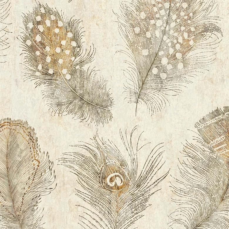 Papier peint intissé avec motif de plumes dans les tons beige et marron sur fond crème 
