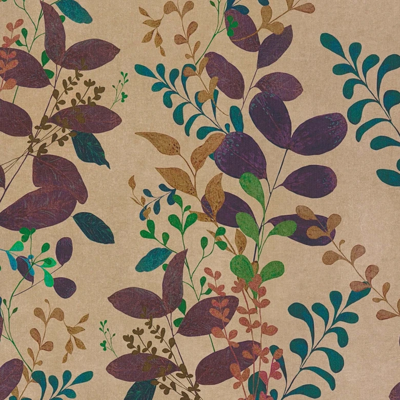 Papier peint intissé avec motifs de feuilles colorées sur fond beige 
