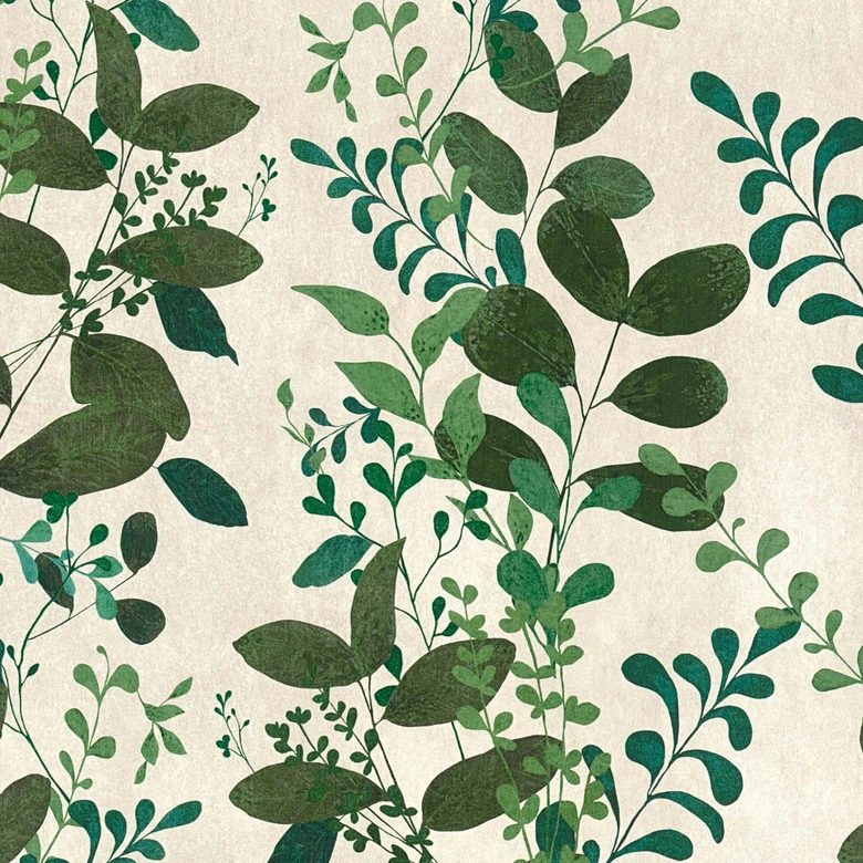 Non-woven wallpaper with a green leaf pattern on a white background 