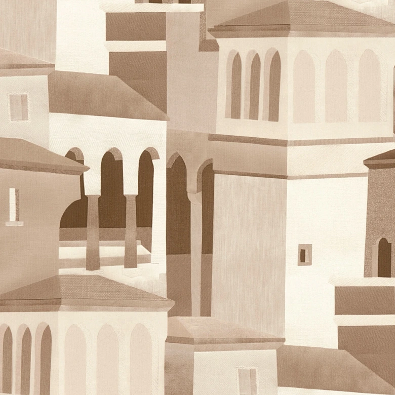 Papier peint intissé avec motif architectural dans les tons beiges et bruns 