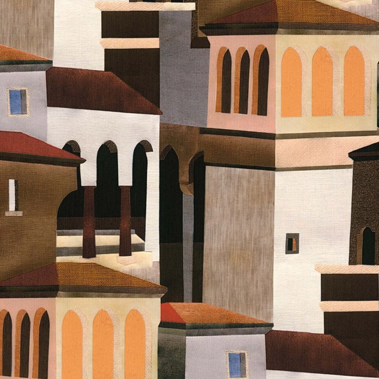 Papier peint intissé motif architectural multicolore dans les tons marron, ocre et terracotta 