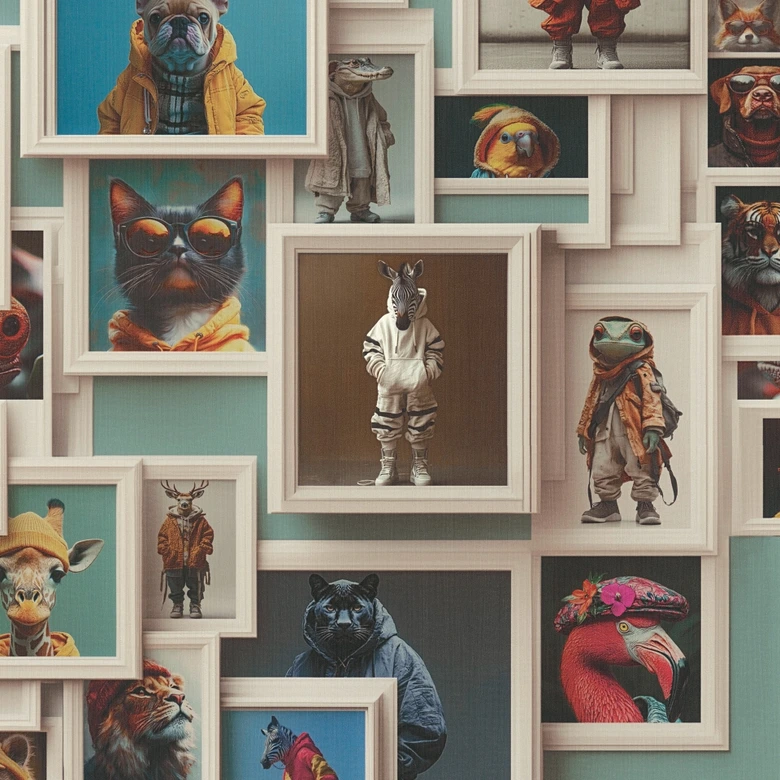 Papier peint intissé avec portraits d'animaux dans un cadre - style streetwear sur fond vert 