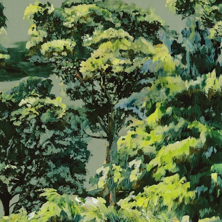 Papier peint intissé avec des arbres impressionnistes dans les tons de vert sur fond vert 