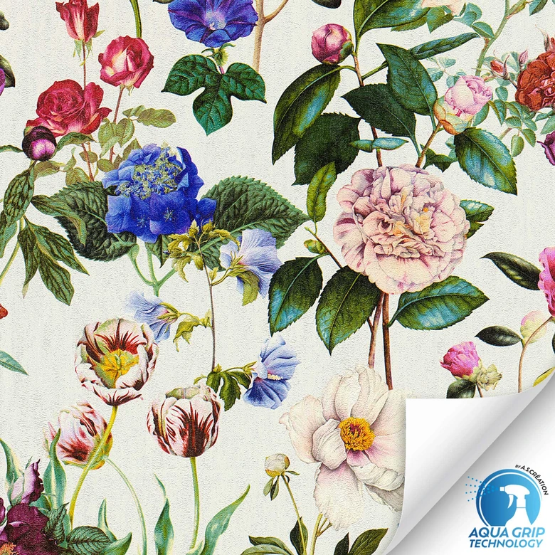 Tapeta w kolorowe kwiaty na kremowym tle - tapeta z włókniny w kwiaty - tapetowanie bez kleju 