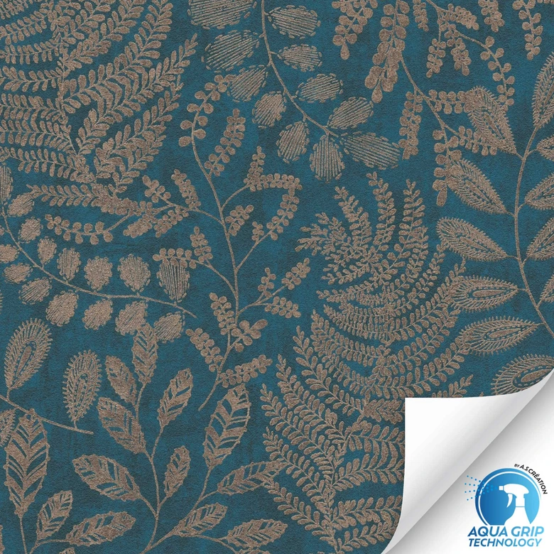 Blad tapet mörkblå brons - Icke-vävd botanisk tapet - tapetsering utan pasta 