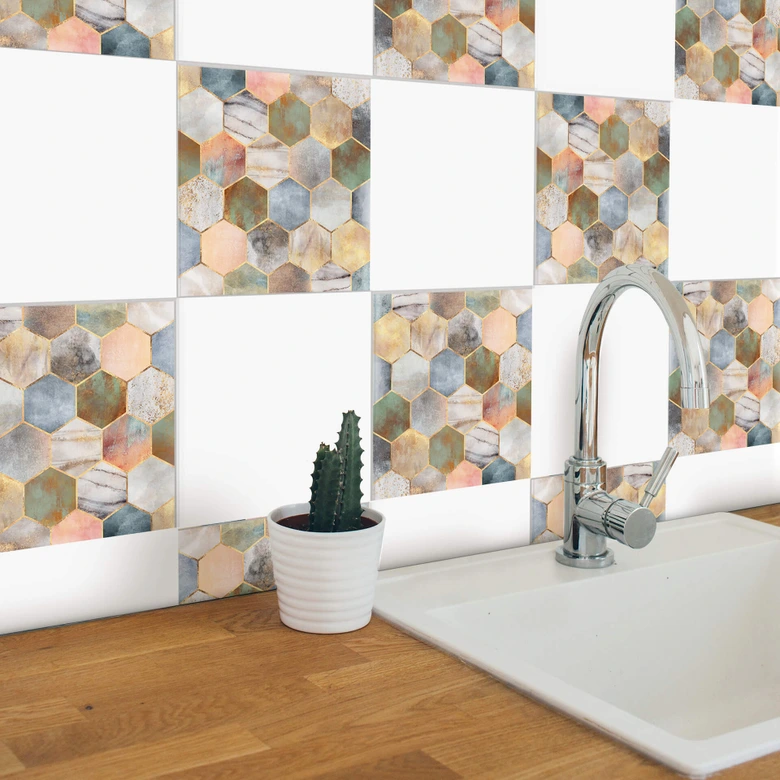 Sticker pour carrelage Fredriksson Hexagones de nacre multicolores - lot de 12 