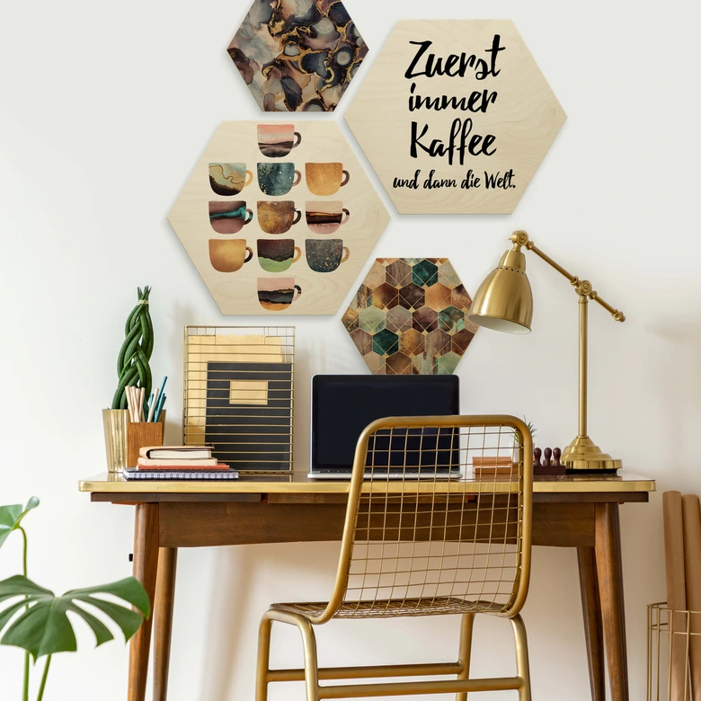Hexagon - Holz Birke-Furnier - Fredriksson - Tinte: Rosé und Gold 