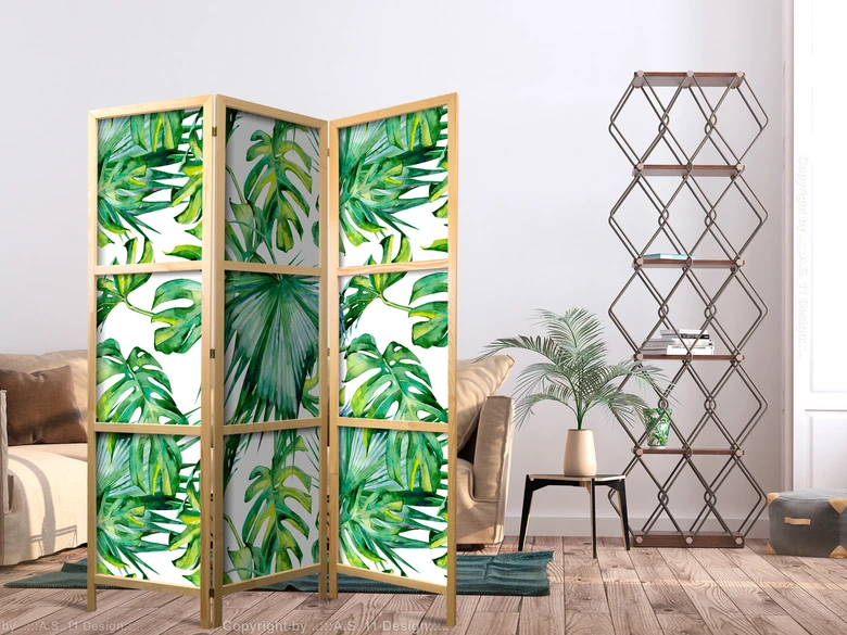 Japanischer Paravent, Raumteiler freistehend, Trennwand - Monstera und Palmblätter 