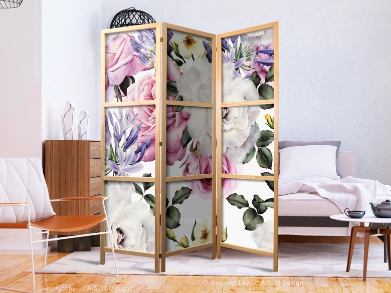 Paravent japonais Séparation de pièce - Pré fleuri, 3 pièces 