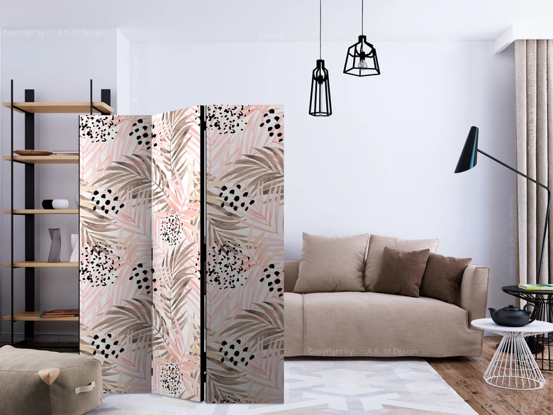 Paravent Séparation de pièce - Feuilles de palmier roses, 3 pièces 