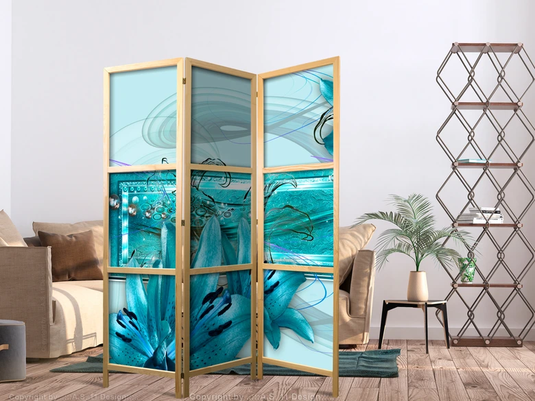 Paravent japonais Séparation de pièce - Lys en bleu tendre, 3 pièces 